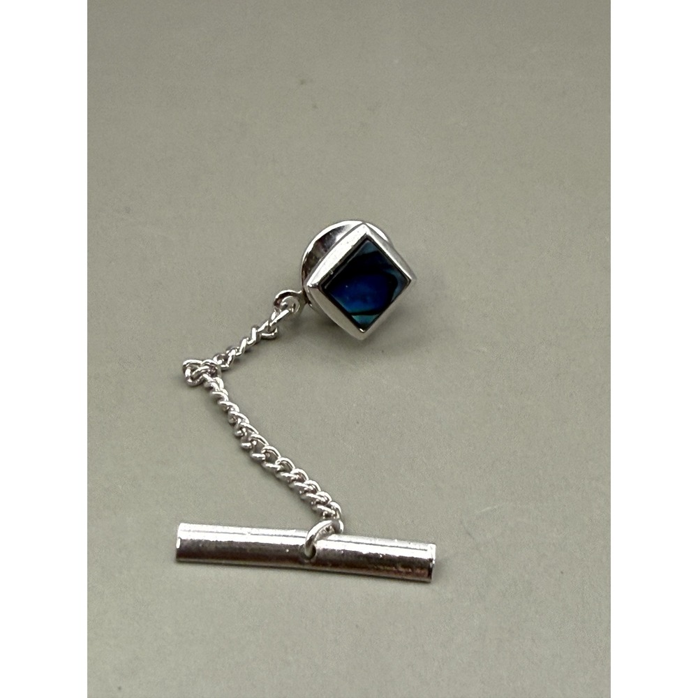 Tie Tack Silver Tone Blue Inlay Square Stone Men Accessory Chain Bar